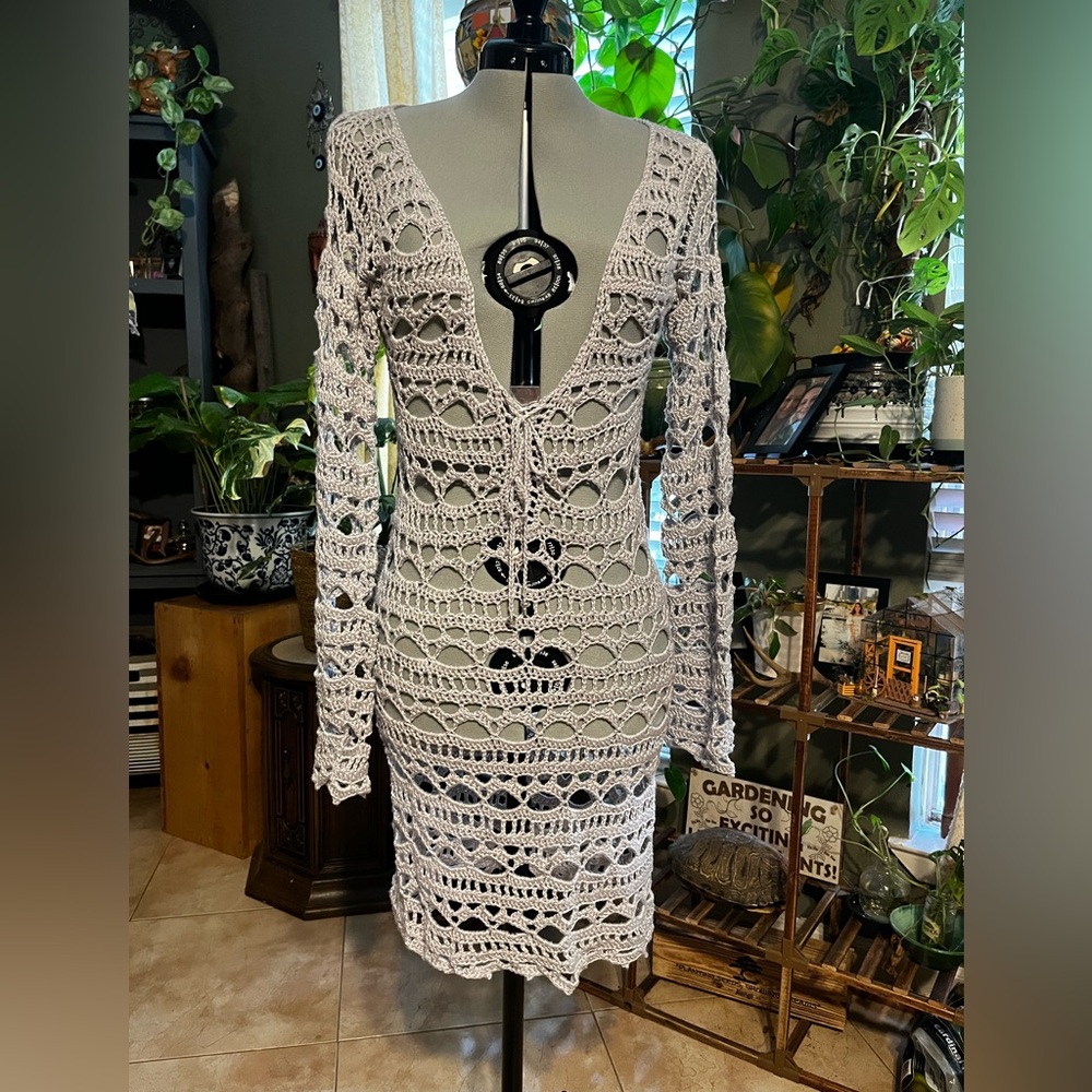 Silver Crochet Long Sleeve Dress
